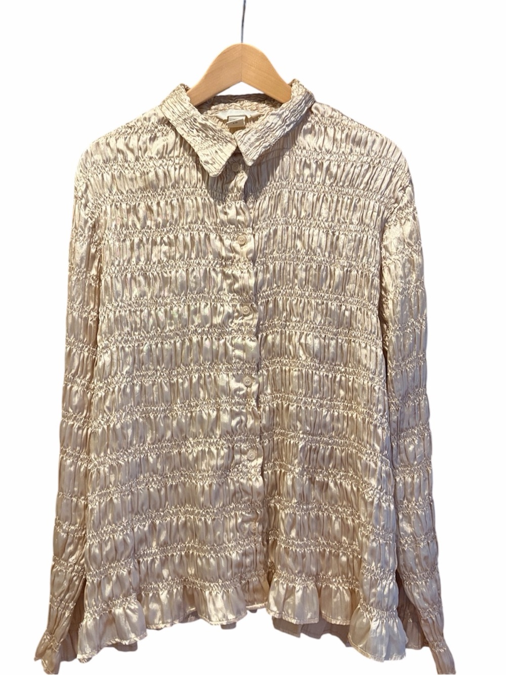 H&M Cream Smocked Satin Button-Down Blouse